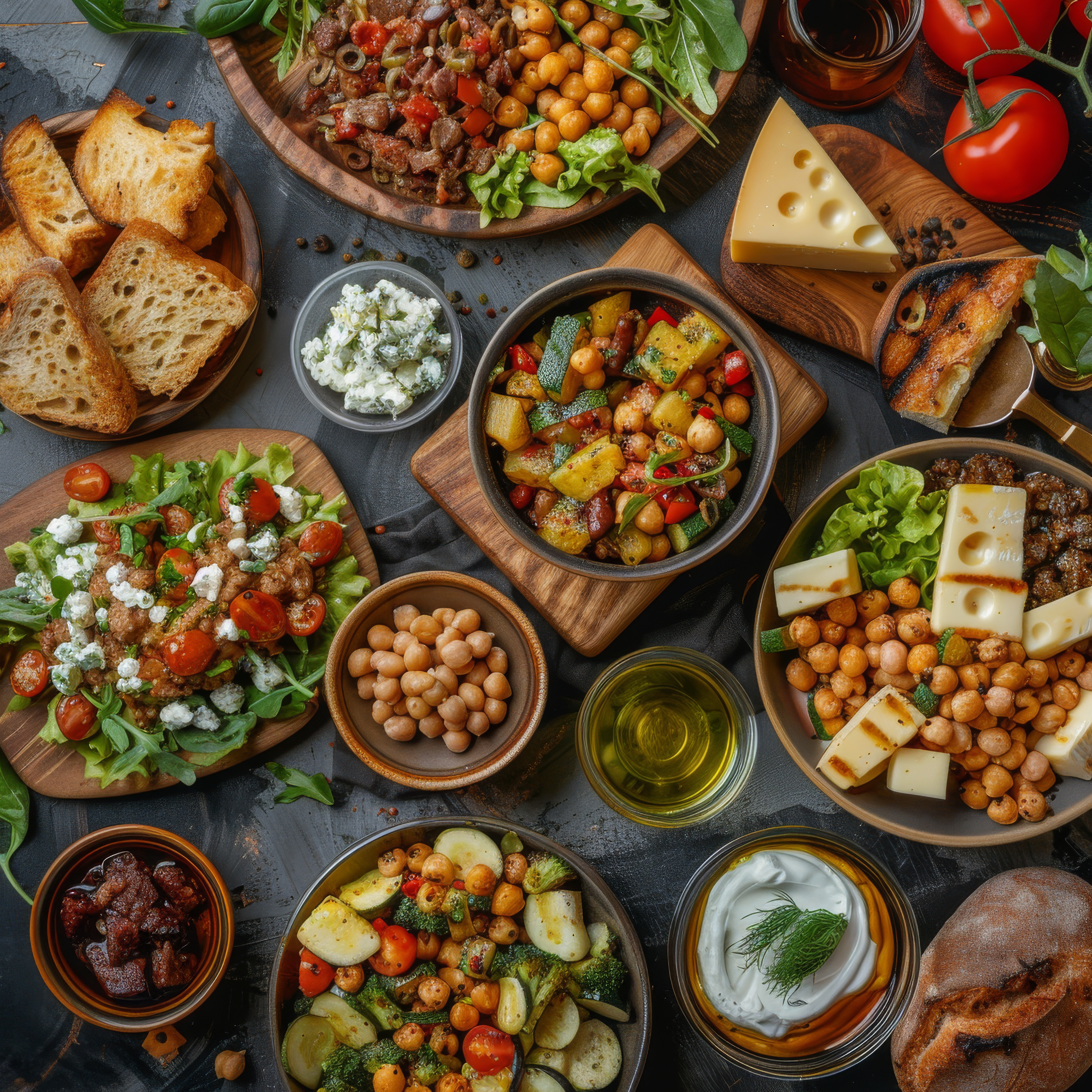 Fried Vegetable Salad, Green Mix Meat and Chickpeas, Cheese Plate and Freshly Baked Bread