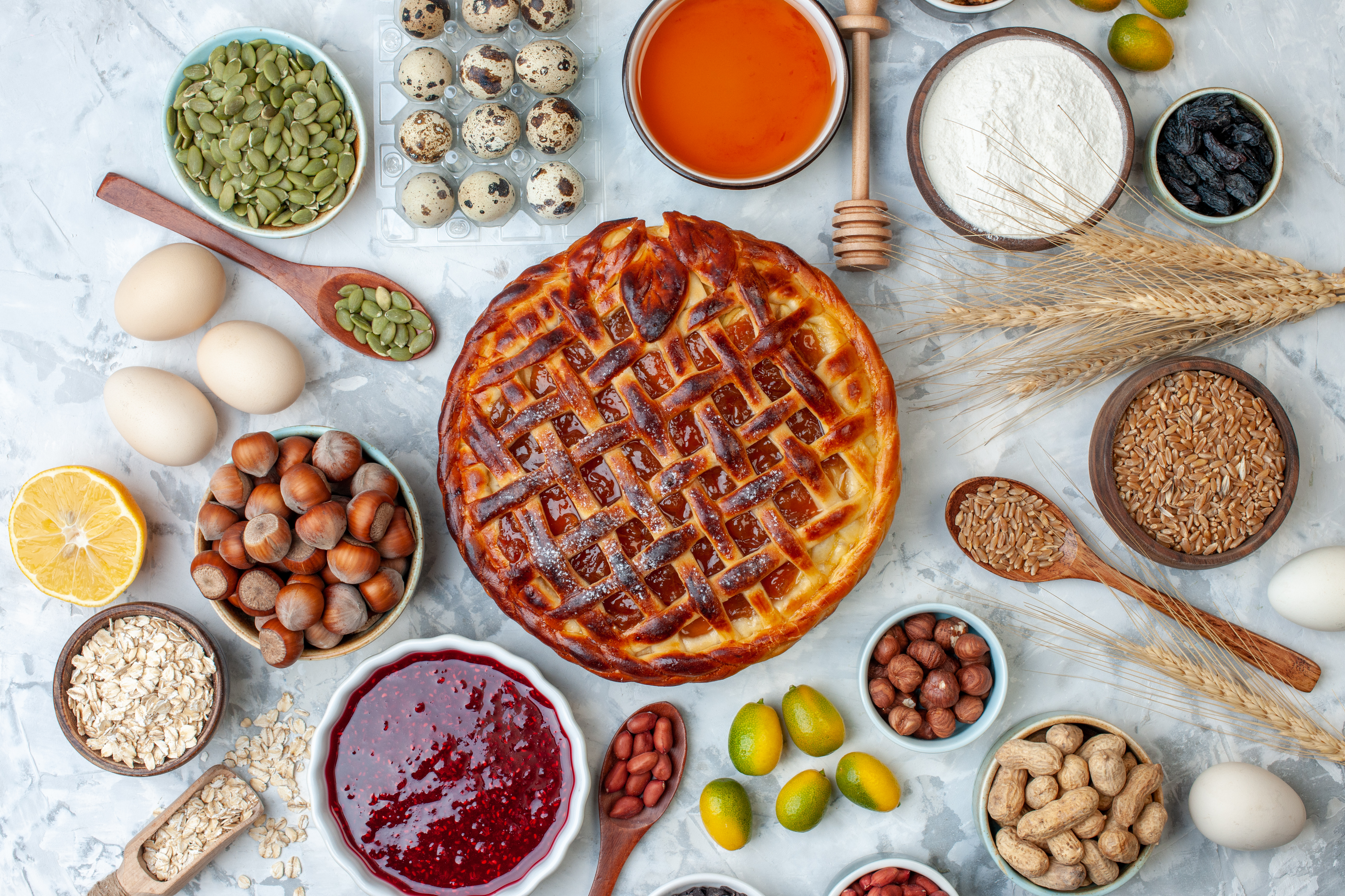 top view yummy fruity pie with nuts and eggs on light background bake biscuit pie dessert color tea cake cookie bakery bun